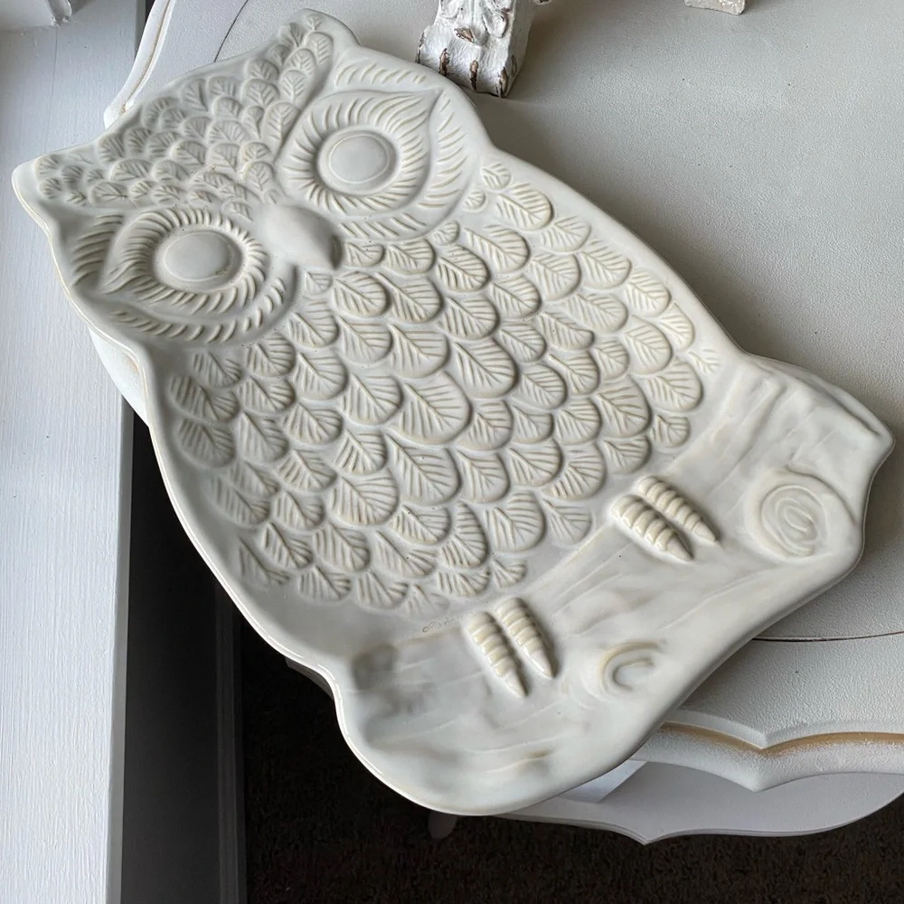 Pottery Barn Owl Platter Large Cream White Tan‎